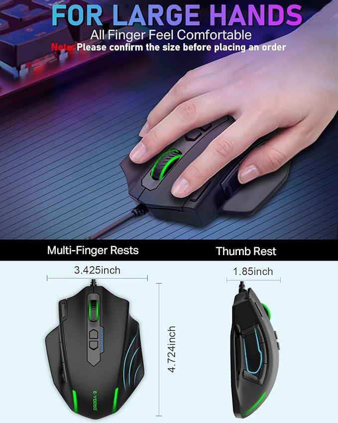 E-YOOSO Wired Large Gaming Mouse, Big Gamer Mouse with Rapid Fire Button, 5 Side Buttons, 12400 DPI, 5 Backlit Modes, 11 Programmable Macro Shortcuts, Adjustable Weights, Comfort Grip for Windows
