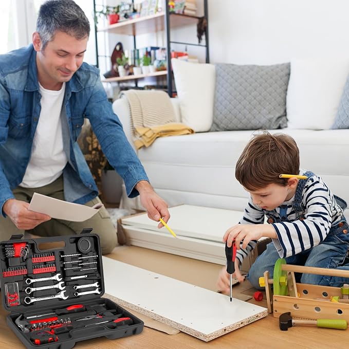 149-Piece General Hand Tool Kit - Essential Home Toolkits with Plastic Toolbox Storage Case for all Purpose, Complete Tool Set for Men, College Students, Dorm, DIY Enthusiast (Red)