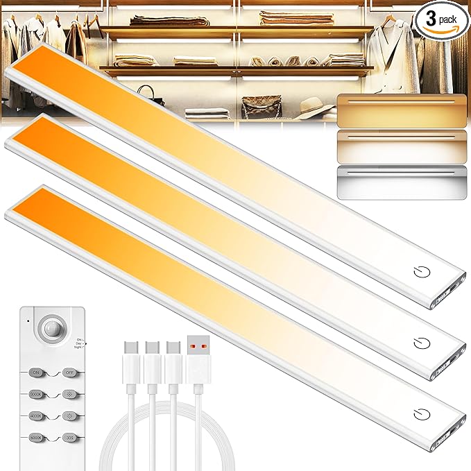 100 LED Under Cabinet Lights Wireless with Full Lighting,Rechargeable Closet Lights with Remote and Motion Sensor Indoor,Under Counter Light with CCT and Dimmable for Kitchen,Stair(3 Pack,11.8inch)