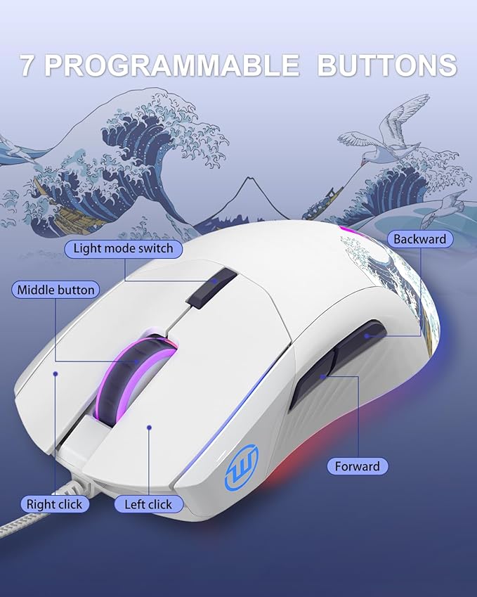 Womier G705 USB Wired Gaming Mouse for PC Computer Windows Mac Laptop, Lightweight Silent RGB Backlit Mouse with Adjustable 12000DPI/7 Programmable Side Buttons,White Kanagawa Theme