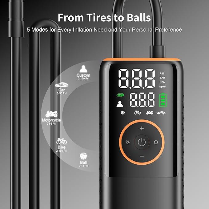 Tire Inflator Portable Air Compressor-160 PSI Car Tire Air Pump, Bike Pump with Gauge, Portable Tire Pump for Car, Bike, Motorcycle Tires, Balls, and More