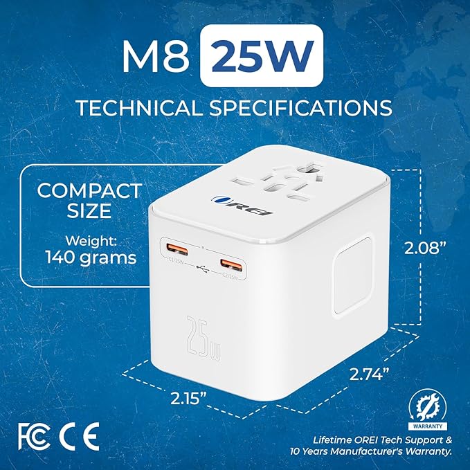 OREI 25Watt Universal Travel Adapter | 2X USBC 1XUSB A - 4-in-1 Universal Power Adapter | Universal Chargers for All Devices compatible 150+ Countries | Type C, A, G, I Compatible