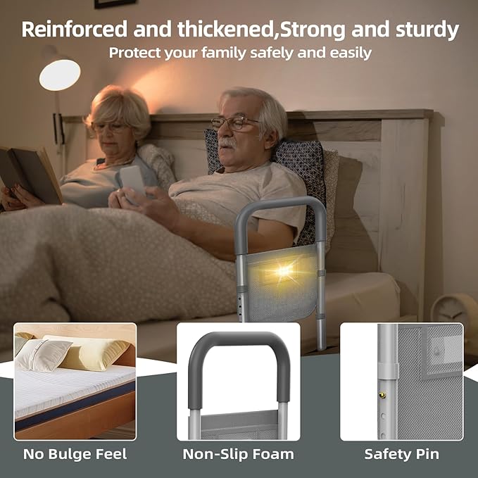 Bed Rails for Elderly Adults Safety: with Motion Light & Storage Bag - Adjustable Bed Assist Rail for Seniors - Bedside Rail Handle Support Bar Bed Guard Rails Fits King Queen Full Twin Medium