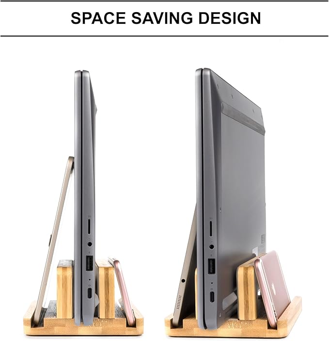 S&A WOODCRAFT 3 Slots Bamboo Wood Vertical Laptop Stand, Adjustable Wooden Laptop Holder, Non-Slip Laptop Dock Compatible with Apple MacBook, Microsoft Surface, Gaming Laptops, IPad, Tablets