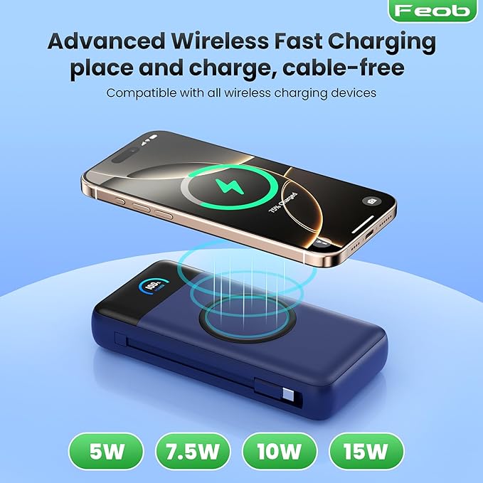 Wireless Portable Charger 40800mAh with Built-in Cables, 15W Wireless Charging USB C Power Bank, 25W PD QC 4.0 5 Outputs TFT LCD Display Battery Pack for iPhone 16/15/14/13/12, Samsung, Android etc
