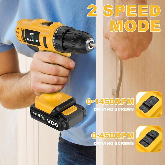 Cordless Drill Set, 3/8 Drill Handheld Screwdriver Kit with 18+1 Torque Setting, 20V Electric Drills Tools Bit, LED Electric Power Drills with Battery and Charger, Yellow