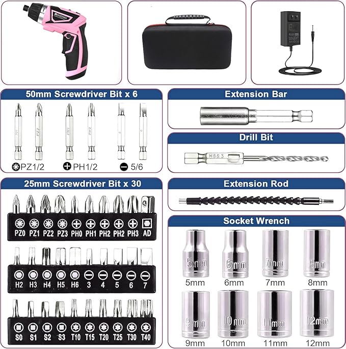 8V Cordless Screwdriver,6+1 Torque Max 10N·m Electric Power Screwdriver with 47 Accessories,180°Pivoting Handle, 2000mAh Rechargeable Screw Gun&Bit Set with LED Light, Flexible Shaft,for Home,Office