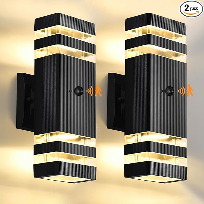 DASTOR Motion Sensor Outdoor Wall Lights 2 Pack, Dusk to Dawn Outdoor Lighting, 2-Layer Exterior Porch Light Fixtures, Up and Down Outside Lights for House Garage