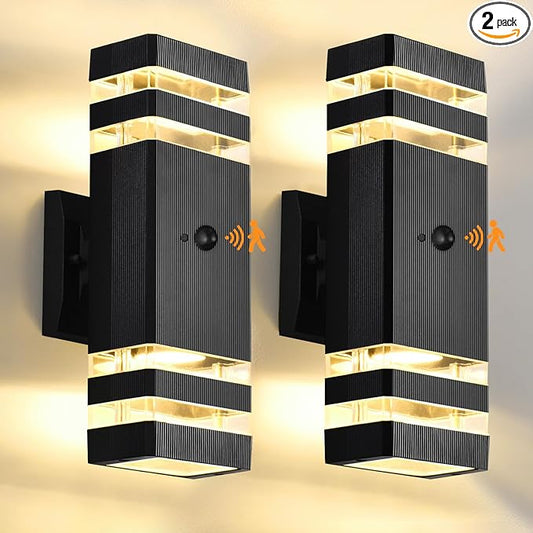 DASTOR Motion Sensor Outdoor Wall Lights 2 Pack, Dusk to Dawn Outdoor Lighting, 2-Layer Exterior Porch Light Fixtures, Up and Down Outside Lights for House Garage