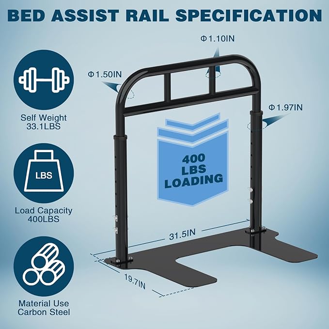 Bed Rail for Elderly Adults Safety, Heavy Duty Bed Rail with 6 Adjutsable Heights, Bed Assist Rail for Seniors, Twin, Queen, King Size Bed (400 LBS Loading, Black)