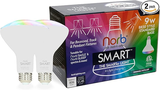 Norb SMART Light Bulb, Tunable Wellness Full Spectrum White & Color Changing, Alexa & Google Home Compatible, No Hub Required, Dimmable, BR30, 9W LED Bulb for Home Automation, WiFi, Bluetooth (2-Pack)