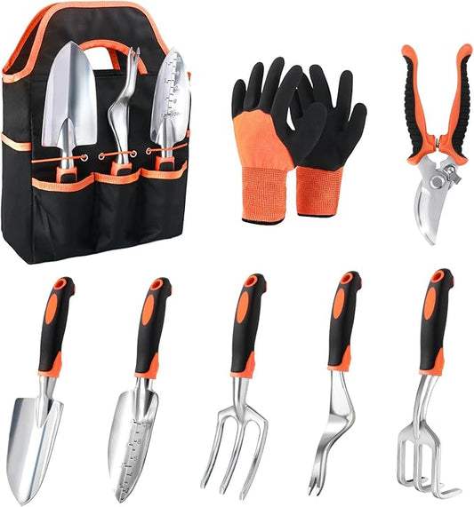 Garden Tools Set, 8 Piece Gardening Tools Set with Non Slip Ergonomic Handle, Heavy Duty Garden Tool Set with Storage Bag, Gardening Kit for Women, Garden Hand Tools Gift for Women and Men, Orange