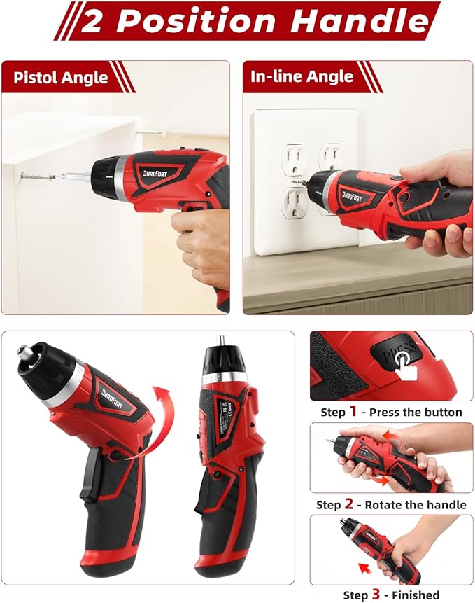 Cordless Electric Screwdriver Set, 8V 10Nm Rechargeable Power Electric Drill, Battery Screw Gun with Driver Bit, 320RPM/10+1 Torque, 2 Position Handle, Flexible Shaft LED Light (Red, 89Pcs)