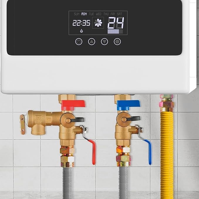 3/4 Inch IPS Isolator Tankless Water Heater Service Valve Kit, with Pressure Relief Valve, Clean Brass