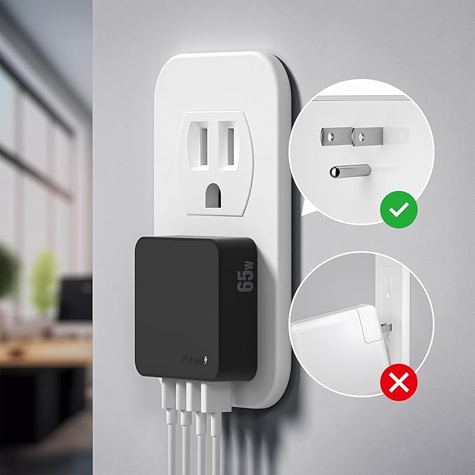 Nekmit 65W USB C Charger Block, 4 Port Flat Wall Charger with USB C and USB A, Multiport GaN Fast Charger for iPhone 16/15/14 Pro Max, iPad Pro, MacBook Pro/Air, AirPods, Galaxy and More, Black