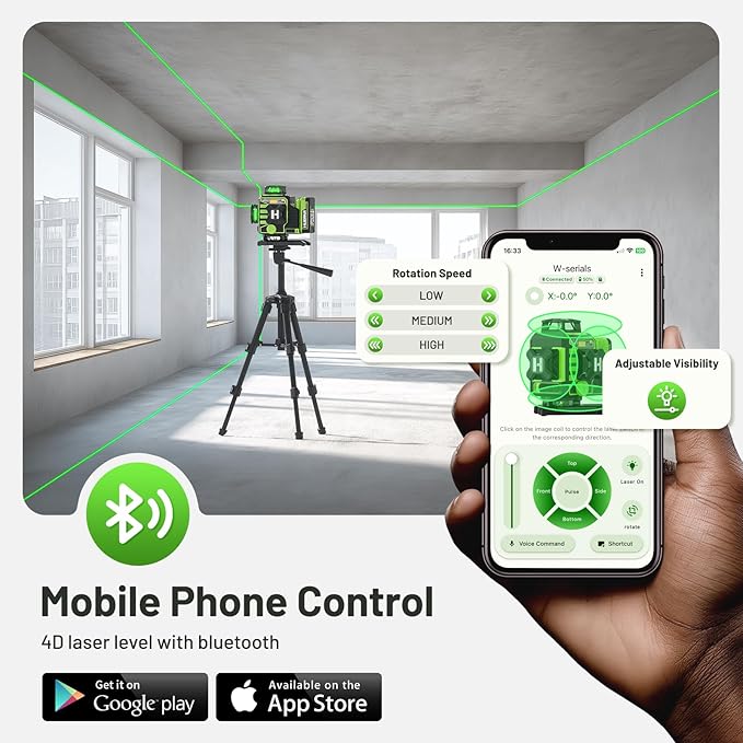 Huepar W04CG 4D Bluetooth Self Leveling Laser Level with Receiver, Up to 400ft Long Distance or Outdoor, 4x360° Green Beams for Construction, Tiling, Framing, Drop Ceiling, Floor Installation