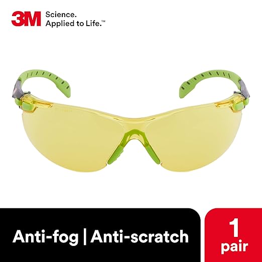 3M Safety Glasses, Solus 1000 Series, ANSI Z87, Scotchgard Anti-Fog, Amber Lens, Green/Black Frame