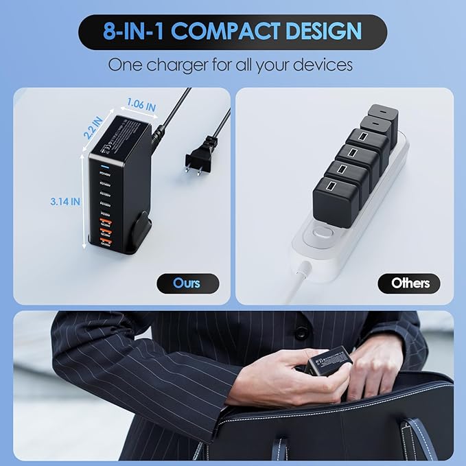 600W USB C Fast Charger Block, 8 Port Charging Station, GaN Ⅲ Multi Port Charging Station Hub for Multiple Devices, Multiport USB Charger Station Compatible with MacBook iPhone iPad Dell