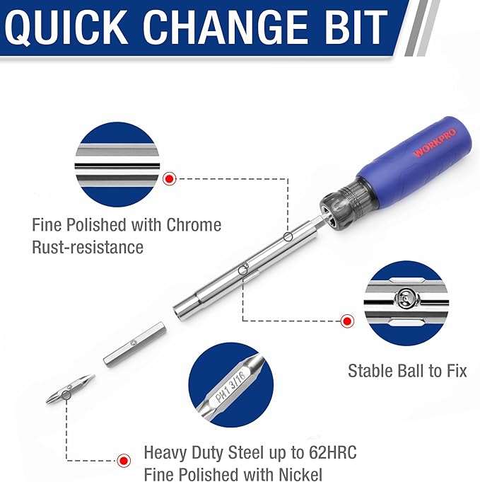 WORKPRO 11-in-1 Screwdriver/Nut Driver Set Tool Comfort Grip, All in One Multi-bit, Portable Screw-driver, 8 Bits (Philips/Slotted/Torx/Square), 3 Nut Driver Sizes