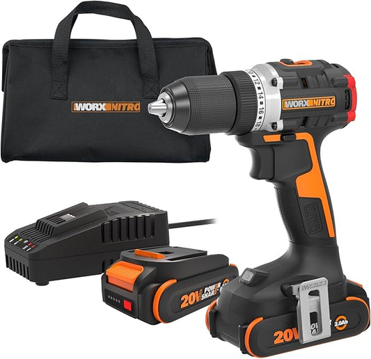 Worx Nitro 20V Cordless 1/2" Drill Driver With Brushless Motor - Compact & Lightweight Set Only 6" and 3 lbs. - Power Share Compatible WX130L - Batteries & Charger Included