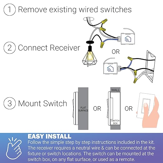 RunLessWire Basic Wireless Light Switch & Receiver Kit with Infinite Battery No WiFi or Batteries Needed 150+ft RF Range DIY Pre-Programmed Remote Control - 1 Receiver, 1 Switch - White