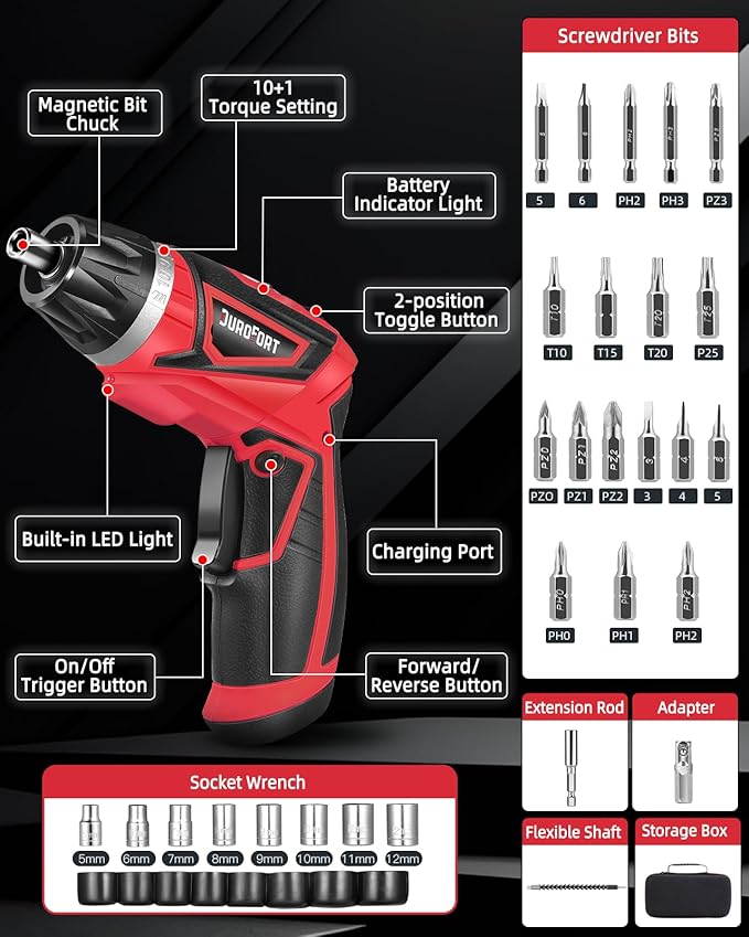 Cordless Electric Screwdriver Set, 8V 10Nm Rechargeable Power Electric Drill, Battery Screw Gun with Driver Bit, 320RPM/10+1 Torque, 2 Position Handle, Flexible Shaft LED Light (Red, 28Pcs)