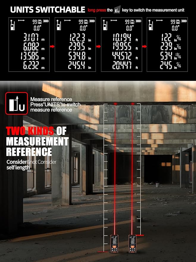 Laser Measure with Large Backlit Screen, Digital Laser Measurement Tool with Electronic Angle Measures Distance, Area and Volume