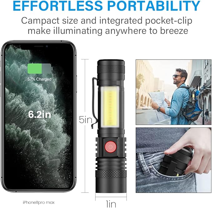 USB Rechargeable Flashlight, LED Magnetic Flashlights Super Bright Tactical Flashlights with Cob Sidelight Waterproof Zoomable 6 Modes USB Rechargeable for Camping Emergency