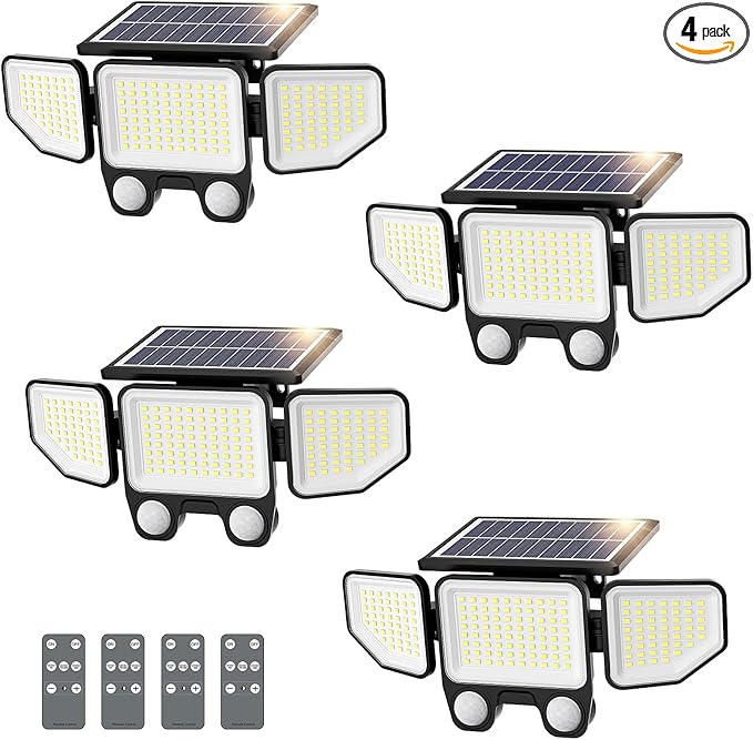 Onforu Solar Lights Outdoor, 3000LM Motion Sensor Security Flood Lights with Remote Control, 3 Modes, IP65 Waterproof Solar Powered for Yard, Pathway, Garden, Pool, Garage, 4 Pack