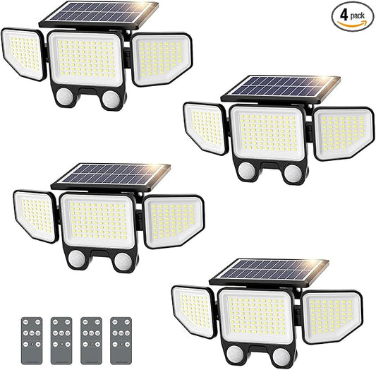 Onforu Solar Lights Outdoor, 3000LM Motion Sensor Security Flood Lights with Remote Control, 3 Modes, IP65 Waterproof Solar Powered for Yard, Pathway, Garden, Pool, Garage, 4 Pack