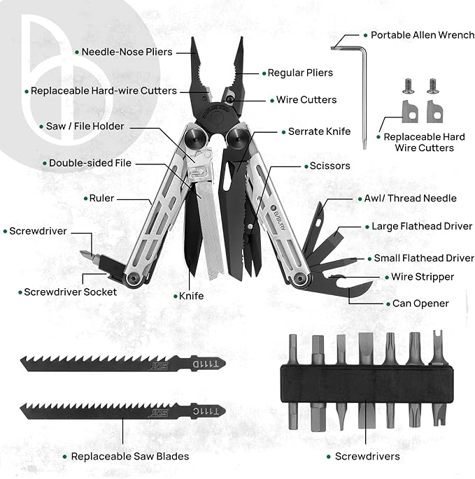 BIBURY Multitool Pliers Pro BI2045, Foldable Multitools with Replaceable Wire Cutters and Saw, Stainless Steel Multi Tool w/Upgraded Scissors and Screwdriver Set, Ideal for Camping, Hiking, Survival