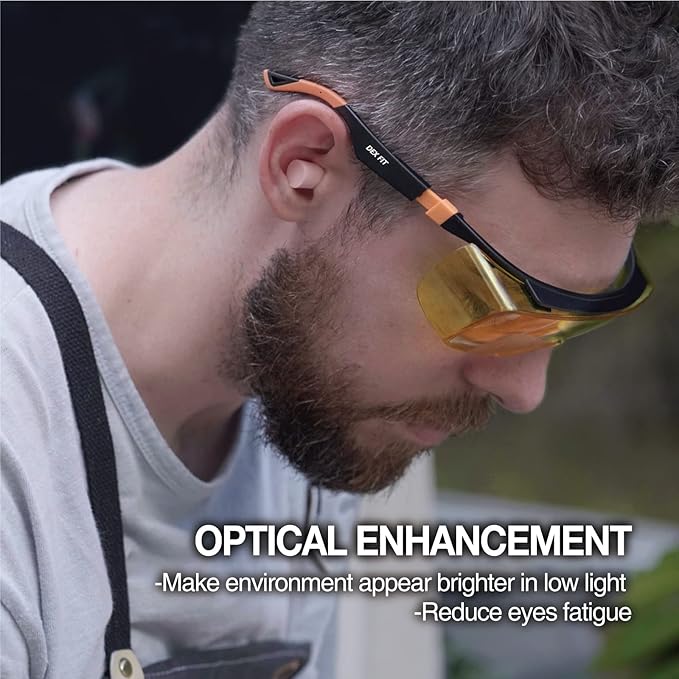 DEX FIT Safety Work Over Glasses SG210 OTG; Z87 Eye Protection for Men & Women, Fog & Scratch Resistant, Adjustable, UV & Blue Light Blocking (Black & Blue Frame, Yellow Lens)