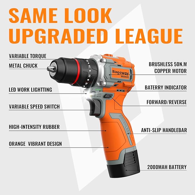 50N.m Brushless Cordless Drill, 4-Function Electric Drill with 36 pcs Accessories, Keyless Metal Chuck, 35 Torque Adjustment, 2pcs Batteries, 2 Speed, Screwdriver, Wrench, Impact Gun For Housework