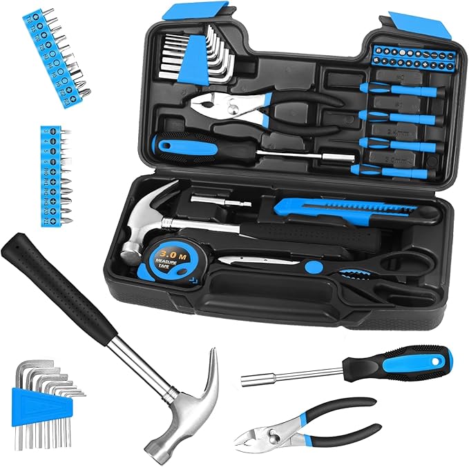 39 Piece Basic Home Tool Set Household Tool Set General Repair Small Hand Tool Kit in Toolbox Storage Case for Home Garage Office College Dormitory Use, Blue