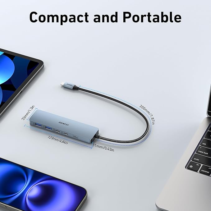 BENFEI USB C HUB 6-in-1 with HDMI(4K@60Hz), 100W Power Delivery, 10Gbps 2*USB-A and 2*USB-C, Silicone Cable, Aluminum Case Compatible with iPhone 15 Pro/Max, MacBook, iPad Pro, iMac, S23, XPS17