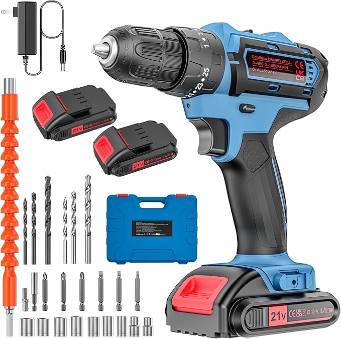 Cordless Power Drill Set with Battery and Charger, 25+3 Mini Drill 21V Electric Drill Cordless Hammer Impact Drill Set with 3/8 Inch Keyless Chuck with 2 Batteries
