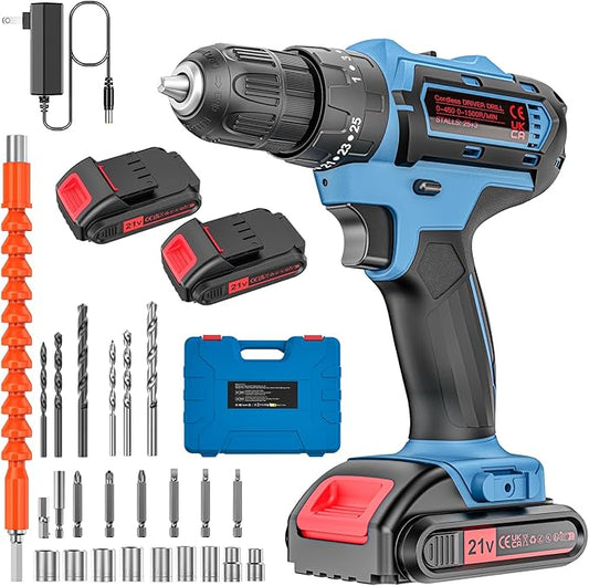 Cordless Power Drill Set with Battery and Charger, 25+3 Mini Drill 21V Electric Drill Cordless Hammer Impact Drill Set with 3/8 Inch Keyless Chuck with 2 Batteries