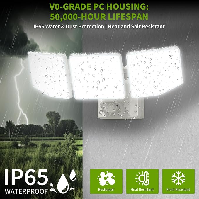 38W LED Security Lights Outdoor with Remote Control, 7500LM Motion Sensor Floodlight, 3 Modes, 6500K, IP65 Waterproof, Dusk to Dawn 3-Head Fixture for Garage, Yard, Porch (White)