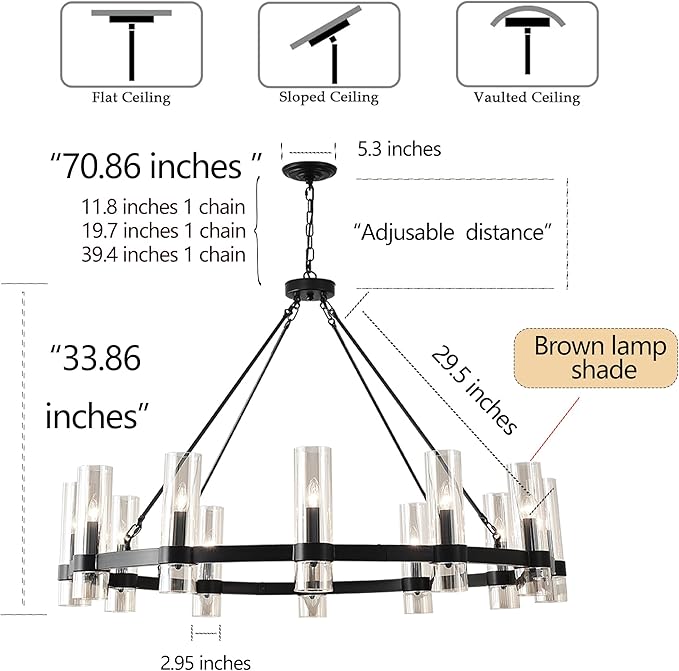 43 Inch Black Wagon Wheel Chandelier, 12 Lights, with Brown GlassShade, Large Hanging High Ceilings Chandeliers for Dining Room KitchenFoyer En