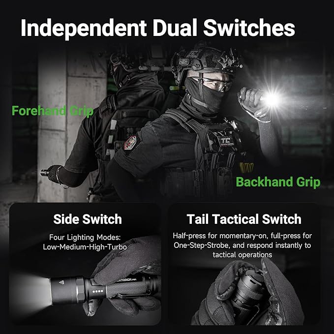 NEXTORCH P91 Tactical Flashlight High Lumens, 5000 Lumens Dual Switch Rechargeable Flashlight with 6 Modes & Strobe & Ceramic Glass Breaker for Night Duty, Breakout Operations, Tactical Training, etc