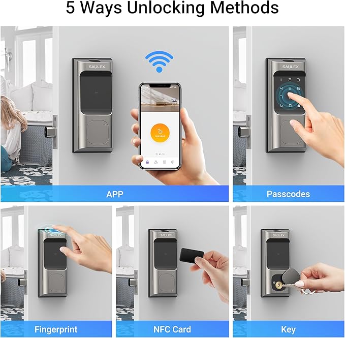Saulex DB02 WiFi Smart Lock with Fingerprint (No Gateway Required),5-in-1 Keyless Entry Front Deadbolt, App Remote Control, Easy Installation,Auto-Lock.