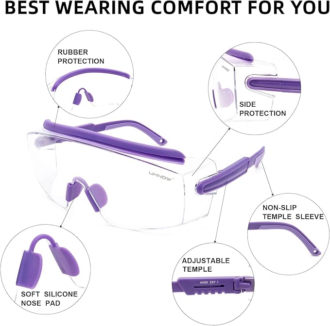 UKNOW Safety Goggles Over Glasses, Anti Fog Safety Glasses with Clear Wraparound Lens, ANSI Z87.1 Protective Eyewear