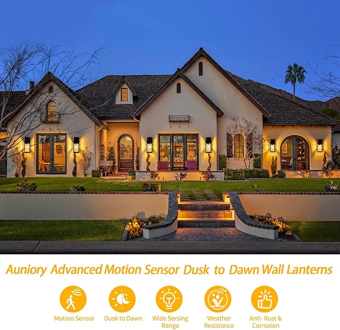 2 Pack Motion Sensor Outdoor Wall Lights Dusk to Dawn Outdoor Wall Lantern Porch Lights Outdoor Wall, Matte Black Wall Mount Vintage Outdoor Garage Lights Exterior Patio Wall Light Fixtures