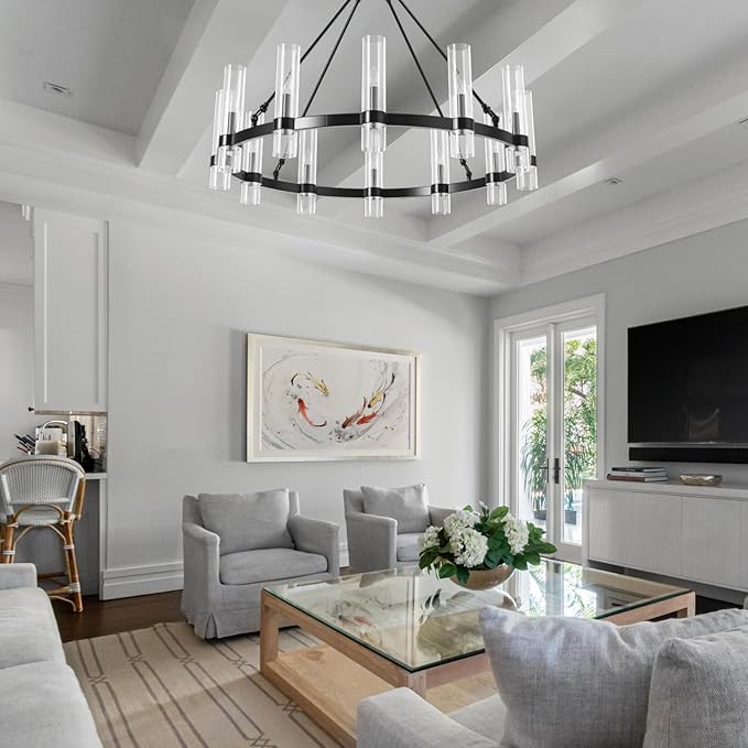 43 Inch Black Wagon Wheel Chandelier, 12 Lights with Glass Shades Light Fixtures, Large Modern Farmhouse Pendant Light for Dining Room, Living Room, Kitchen, Foyer, High Ceilings