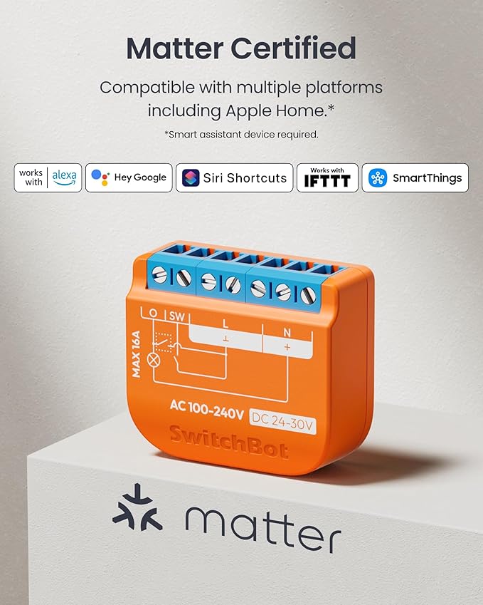 SwitchBot Smart Relay Switch 1PM, Power Metering Smart Relay Module with Built-in Bluetooth Repeater, Wi-Fi&Bluetooth Switch Works with Alexa/Apple Home/Google Home/Matter Hub Required, 2.4GHz