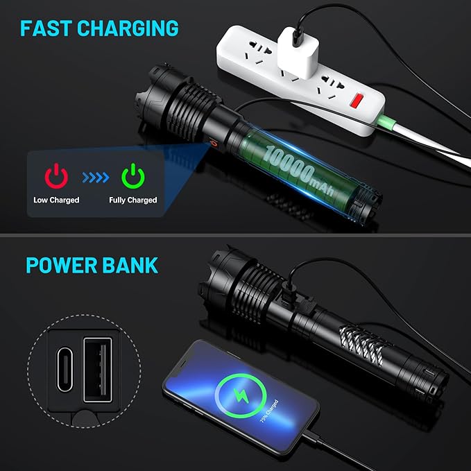 Rechargeable LED Flashlights 6000.000 High Lumens, Super Bright Flashlight with Input and Output Functions, Tactical Flashlight for Camping Home Emergencies (Large, Piece, 1)