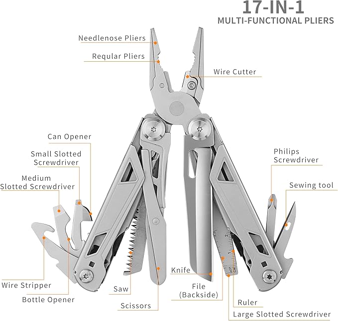 17-In-1 Multitool, Gifts for Men Dad Him Multi Tool Pliers, EDC Multi-Tool Kits, Stocking Stuffers Pocket Knife Gadgets for Camping Hiking Surviving Fishing Hunting