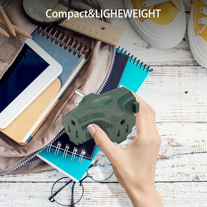 ETL Listed 3 Outlet Grounding Adapter, BTU Three Plug Outlet Adapter Splitter, Heavy Duty Grounded Power Tap, 3-Prong Outlet Adapter, Multi-Plug Extender, Green (Pack of 3)