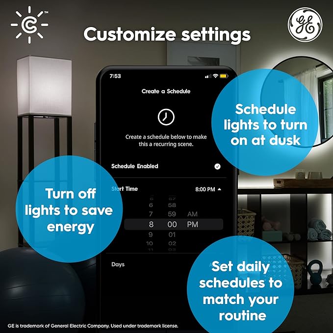 GE CYNC Smart LED Light Bulbs, A19 Medium Base, Soft White, 60W Equivalent, Bluetooth and WiFi Light Bulbs, Works with Alexa and Google Home, Dimmable, 4 Pack