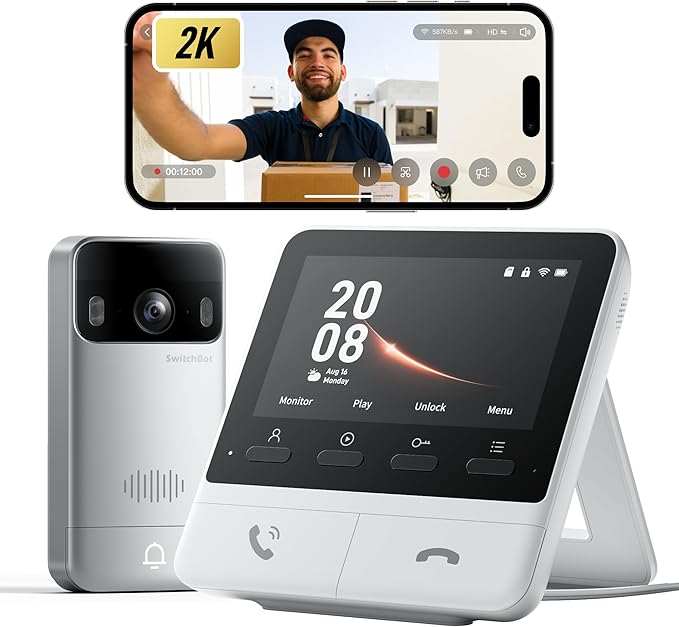 SwitchBot Doorbell Camera, No Subscription, Includes Monitor, Battery Powered, Head-to-Toe View, 2K Video, 2-Way Audio, Motion Detection, Wireless Intercom System, Compatible with Alexa&Google Home